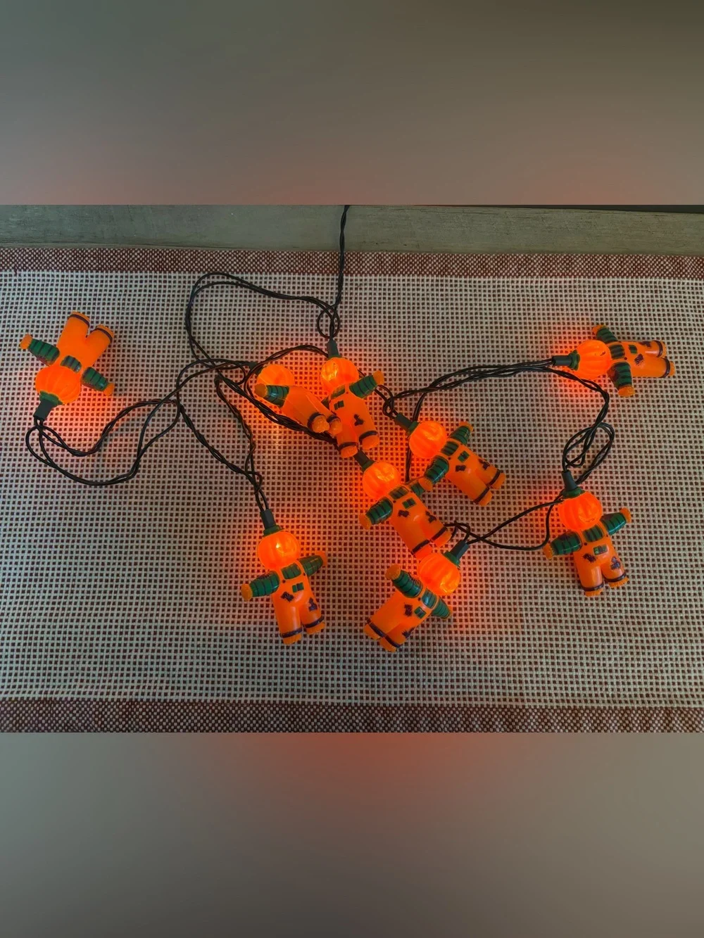 Vintage String Lights Pumpkin Head Scarecrow 10 hard Plastic Lights WORKS hallow